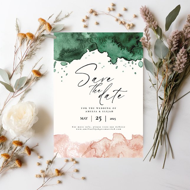 Elegant Vattenfärg Spara datum Bröllop Inbjudningar (Elegant Save the Date card invitation with emerald green and blush pink watercolor borders)