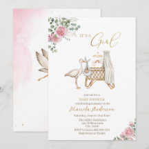 Elegant Vattenfärg Stork Flicka Baby Shower