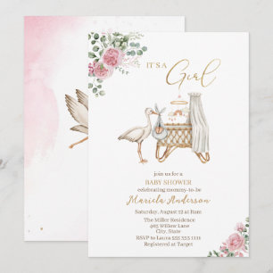 Elegant Vattenfärg Stork Flicka Baby Shower Inbjudningar