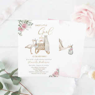 Elegant Vattenfärg Stork Flicka Baby Shower Inbjudningar
