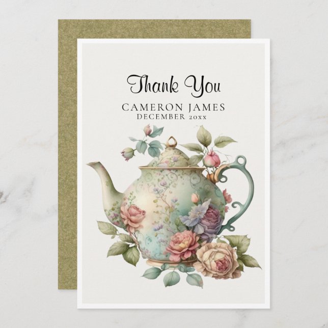 Elegant vattenfärg teapot floral tekalas tack kort (Fram/baksida)