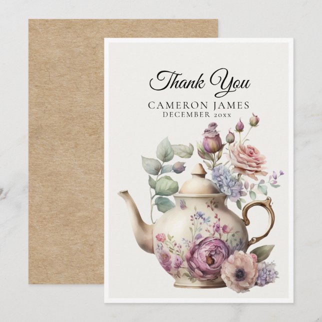 Elegant vattenfärg tekanna blomster tea party tack kort (Fram/baksida)