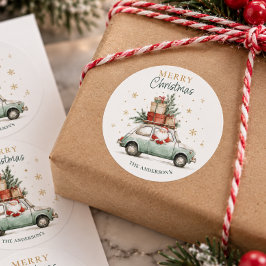 Elegant Vattenfärg Tomtebil Snö God Jul Runt Klistermärke