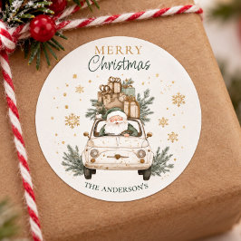 Elegant Vattenfärg Tomtebil Snö God Jul Runt Klistermärke
