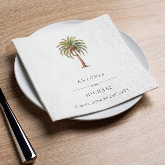 Elegant Vattenfärg tropiska handflatan träd Monogr Pappersservett (Elegant tropical Exotic palm tree in watercolor style wedding napkins. For bridal shower, engagement)