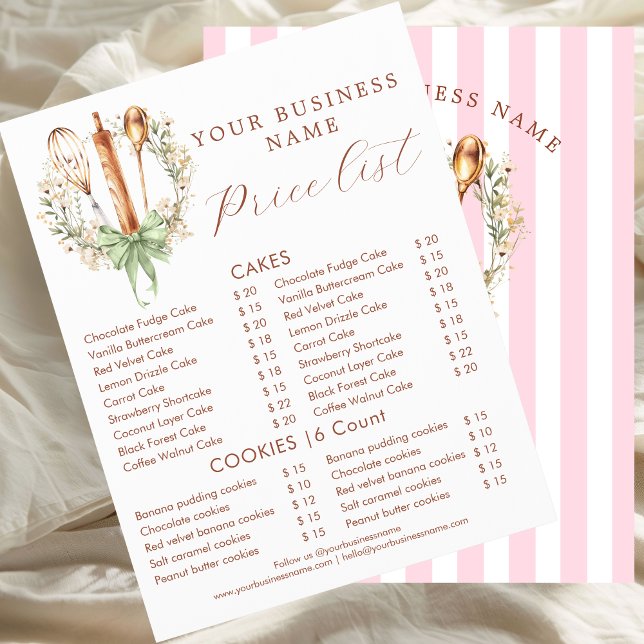 Elegant vattenfärg verktyg matlagning bageriflyer reklamblad (Pink stripe and Utensils cooking bakery Price List)