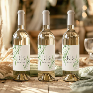 Elegant Vattenfärg Vide Botanisk Monogram Vinflaska Etikett