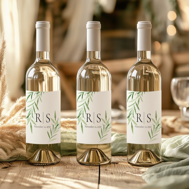 Elegant Vattenfärg Vide Botanisk Monogram Vinflaska Etikett (Skapare uppladdad)