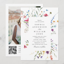 Elegant vattenfärg vilda blommor bröllops QR-kod Inbjudningar