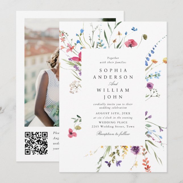 Elegant vattenfärg vilda blommor bröllops QR-kod Inbjudningar (Fram/baksida)