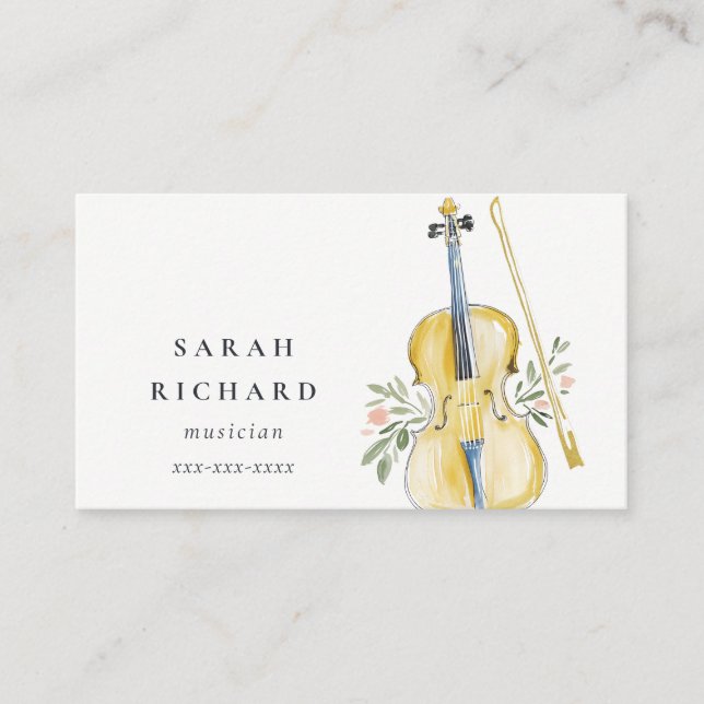 Elegant Vattenfärg Violin Musiklärare Visitkort (Framsida)