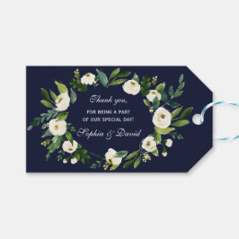 Elegant vattenfärg vit blomster mörkblå bröllop presentetikett