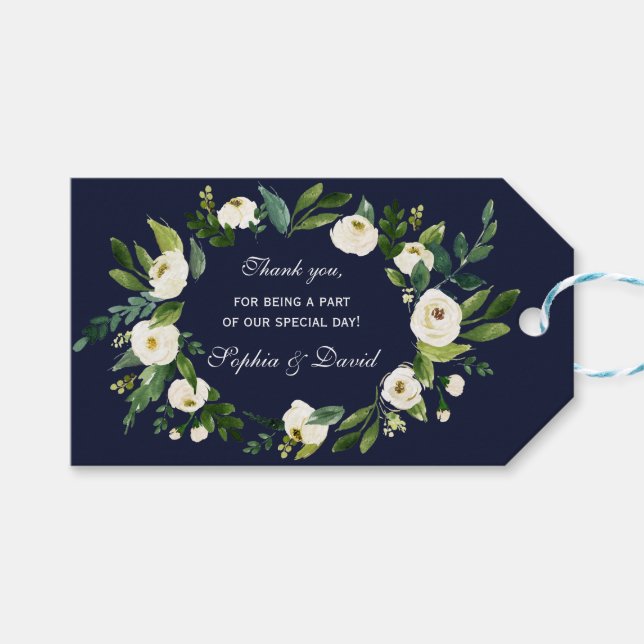 Elegant vattenfärg vit blomster mörkblå bröllop presentetikett (Framsidan (Horisontell))