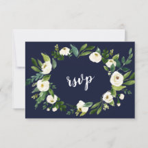 Elegant vattenfärg vit blomsterkrans mörkblå RSVP