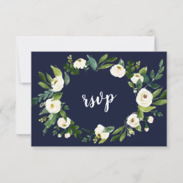 Elegant vattenfärg vit blomsterkrans mörkblå RSVP OSA Kort