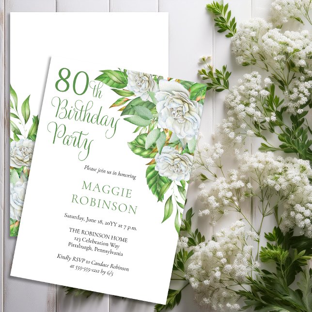 Elegant Vattenfärg Vit ros 80:e Födelsedagsfesten Inbjudningar (Elegant Watercolor White Roses and Greenery 80th Birthday Party Invitation - Print | Download)