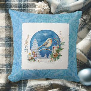 Elegant Vattenfärg Winter Snö Bird Blue Jul Kudde