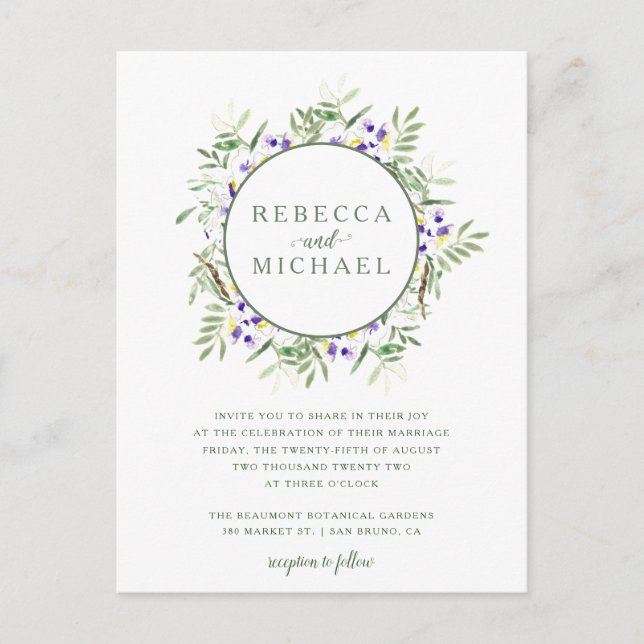 Elegant Vattenfärg Wisteria Wandeine Bröllop Inbjudan Vykort (Framsida)