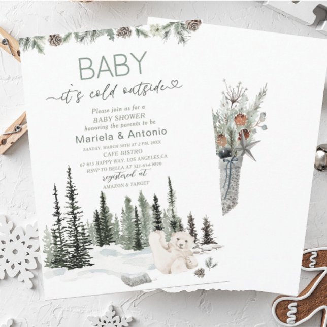 Elegant Vattenfärga det är kall utanför babysknapp Inbjudningar (Skapare uppladdad)