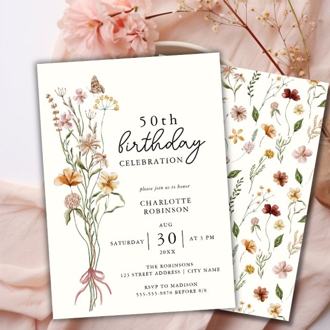 Elegant Vattenfärgad Blommigt 50:e födelsedagen Inbjudningar (Elegant 50th Floral Birthday Invitation- Front and Back)