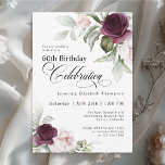 Elegant Vattenfärgad Blommigt 60:e födelsedagen Inbjudningar<br><div class="desc">Fira en speciell milstolpe med detta vackra 60:e födelsedagsfest inbjudan. Den har elegant blommigt gräns i burgundi och rosa ros på vardera sidan av den elegant placerade texten. Färg omfattar blekens rosa, djup burgundröd och plommon blandad med eterisk grön och små vita accentblommor. Anpassa textmallen med din information. Du kan...</div>