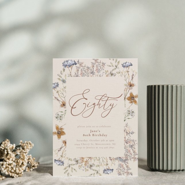 Elegant Vattenfärgad Blommigt 80:e födelsedagen Inbjudningar (Skapare uppladdad)