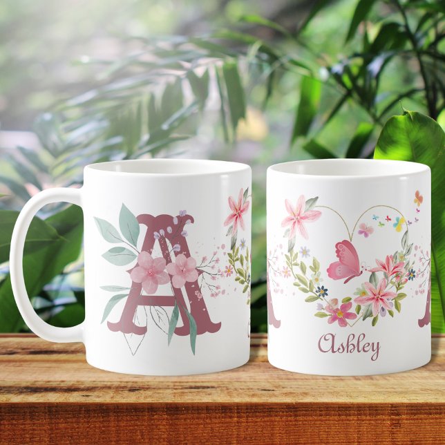 Elegant Vattenfärgad Blommigt Butterfly Monogram A Kaffemugg (Skapare uppladdad)