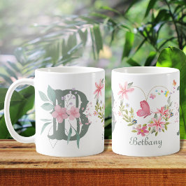 Elegant Vattenfärgad Blommigt Butterfly Monogram B Kaffemugg