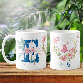 Elegant Vattenfärgad Blommigt Butterfly Monogram E Kaffemugg