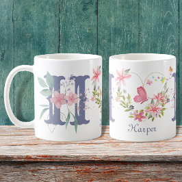 Elegant Vattenfärgad Blommigt Butterfly Monogram H Kaffemugg