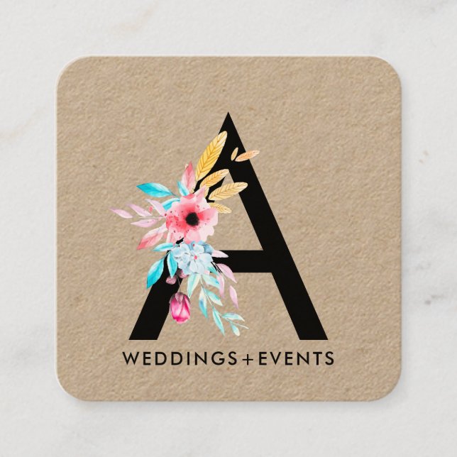 Elegant: vattenfärgad blommigt monogram kraftkraft fyrkantigt visitkort (Framsida)