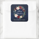 Elegant Vattenfärgad Blommigt Utandning God jul Fyrkantigt Klistermärke<br><div class="desc">God Jul. Elegant Watercolor Blue Background med Watercolor Burgundy Marsala Blommigt Wandejul Party Favor Stickers och Gift Stickers. Omfattar vackert ro och botaniskt grej.</div>