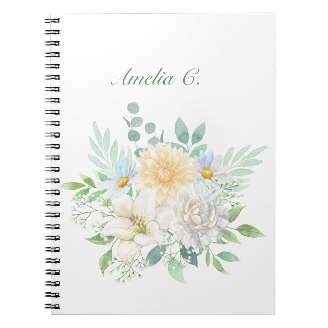 Elegant Vattenfärgad Blommigt Vit bärbar dator Anteckningsbok (Framsidan)