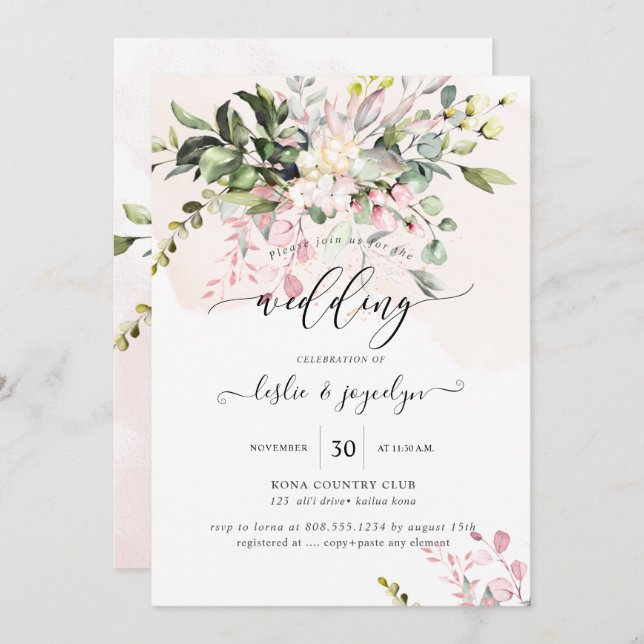 Elegant Vattenfärgad damm  Rosa Eucalyptus Inbjudningar (Fram/baksida)