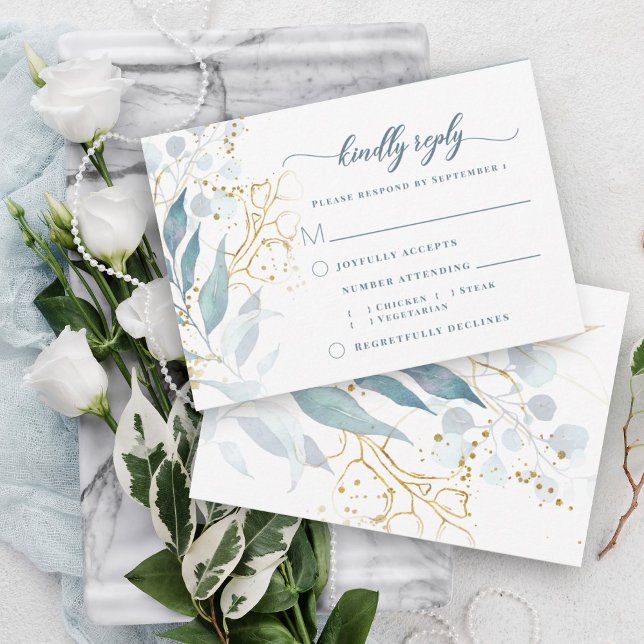Elegant Vattenfärgad Dusty Blue Blommigt Guld Meal OSA Kort (Dusty blue greenery elegant watercolor botanical RSVP meal with gold accents for a bohemian feel.)