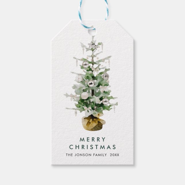 Elegant Vattenfärgad jul Gräs Träd Hälsning Presentetikett (Framsidan)