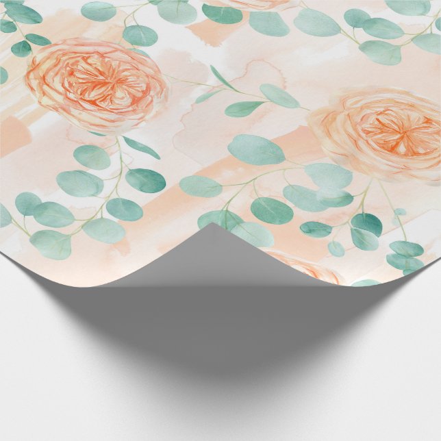 Elegant Vattenfärgad Peach Blommigt Grönt Eucalypt Presentpapper (Hörn)