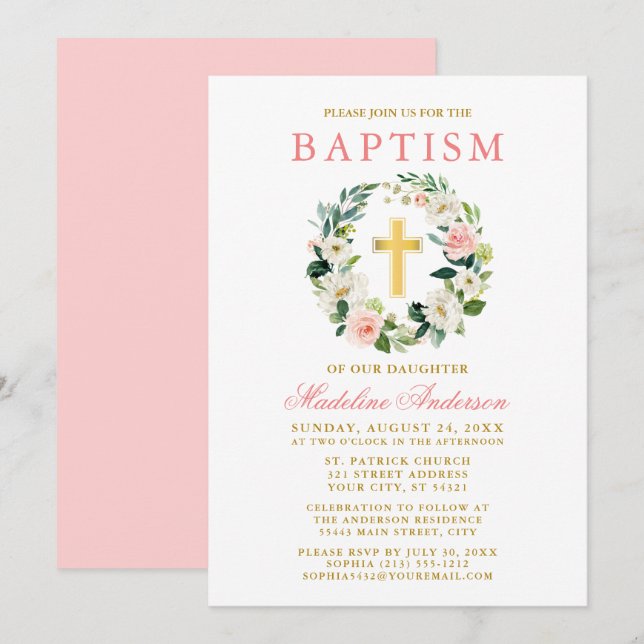 Elegant Vattenfärgad Rosa Blommigt Utandning Guld  Inbjudningar (Fram/baksida)