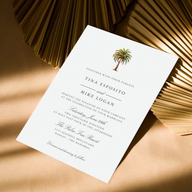 Elegant Vattenfärgad tropisk strand handflatan trä Inbjudningar (Chic Watercolor Palm Tree Wedding Invitations for Your Tropical Beach Celebration)