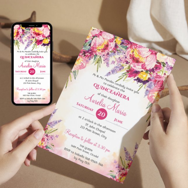 Elegant vattenfärgade blommor Quinceañera Inbjudningar (Skapare uppladdad)