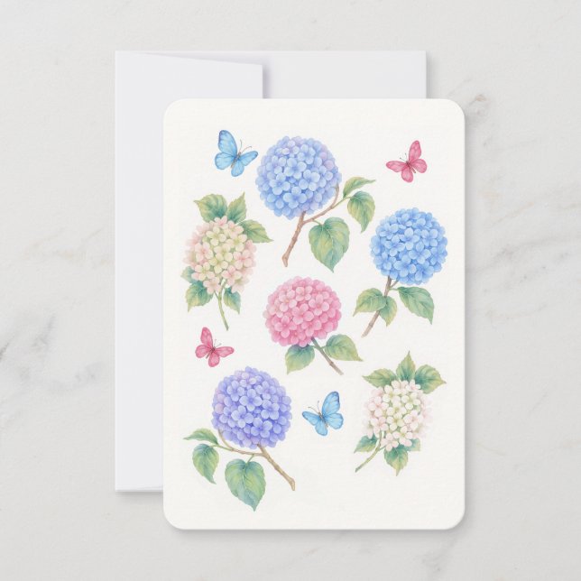 Elegant Vattenfärgat Hydrangea & Butterfly Card Tack Kort (Framsida)