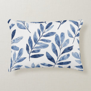 Elegant vattenfärgbladsmönster Indigo Blå Prydnadskudde