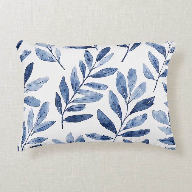 Elegant vattenfärgbladsmönster Indigo Blå Prydnadskudde (Framsidan)