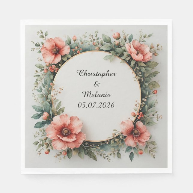 Elegant vattenfärgblommig ram pappersservett (Framsidan)