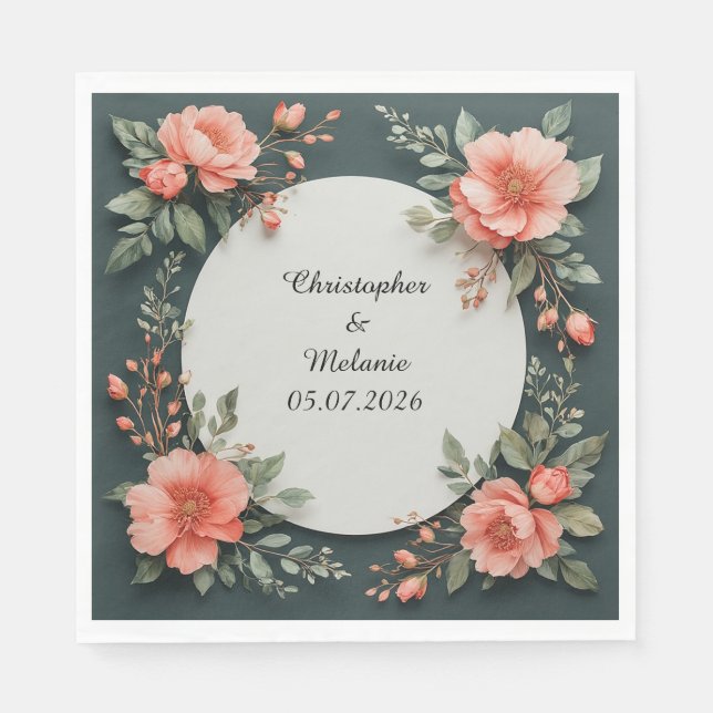 Elegant vattenfärgblommig ram pappersservett (Framsidan)