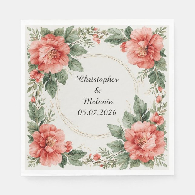 Elegant vattenfärgblommig ram pappersservett (Framsidan)