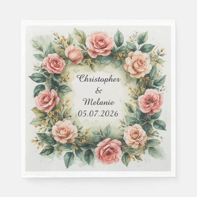 Elegant vattenfärgblommig ram  pappersservett (Framsidan)
