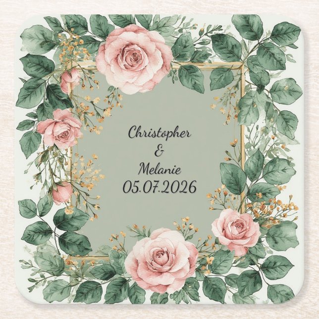 Elegant vattenfärgblommig ram  underlägg papper kvadrat (Framsidan)