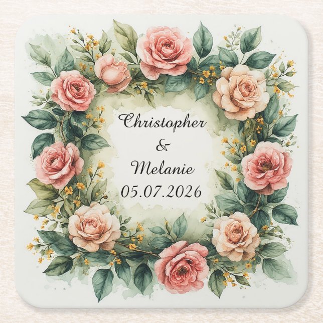 Elegant vattenfärgblommig ram  underlägg papper kvadrat (Framsidan)