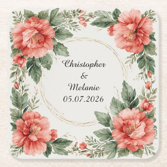 Elegant vattenfärgblommig ram underlägg papper kvadrat (Framsidan)